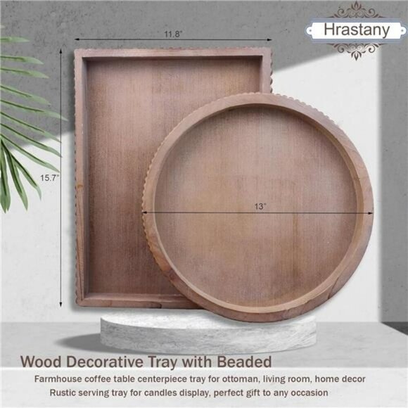 Round Wood Serving Tray Rustic Centerpiece Ottoman Tray Home Decor Organizer - Picture 4 of 7